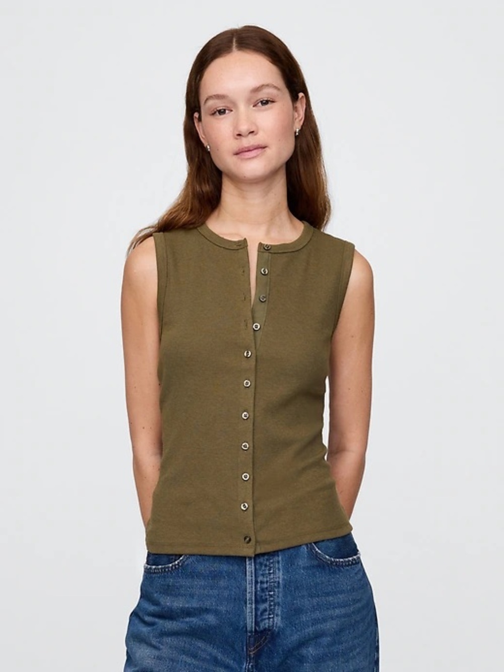 GAP Olive Green Modern Rib Sleeveless Cardigan Ribbed Tank Top - Size Small